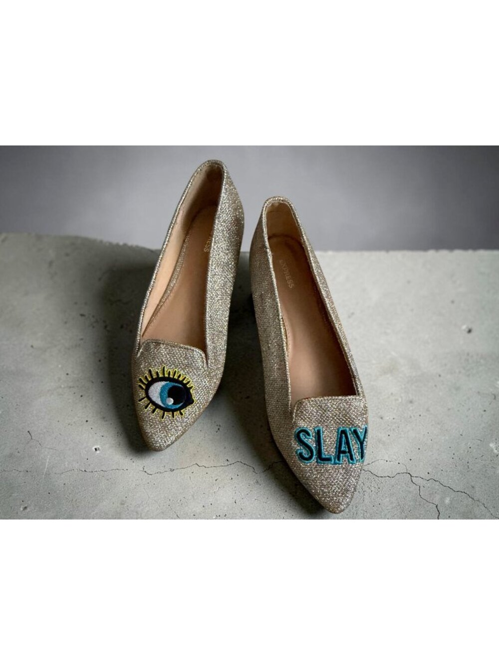 EXPRESS I Slay Gold Emoji Flats Size 7 Womens Shoes